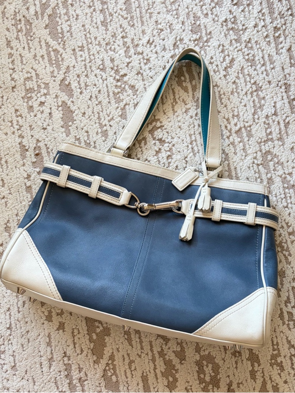 Coach Hamilton Navy and Cream Leather Tote with Signature Hardware
